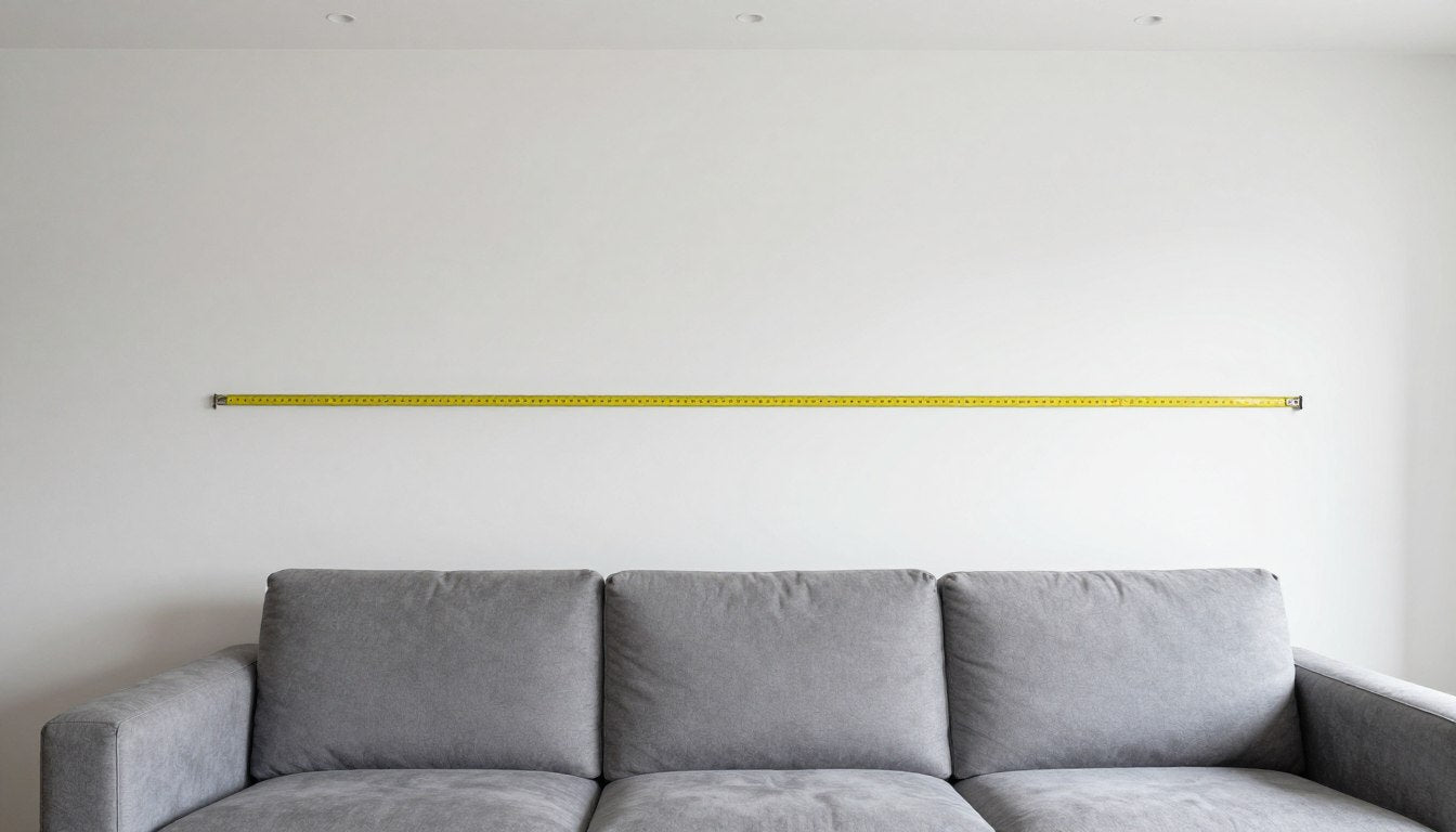 large living room wall over couch showing proper proportion measurements with tape measure and sofa