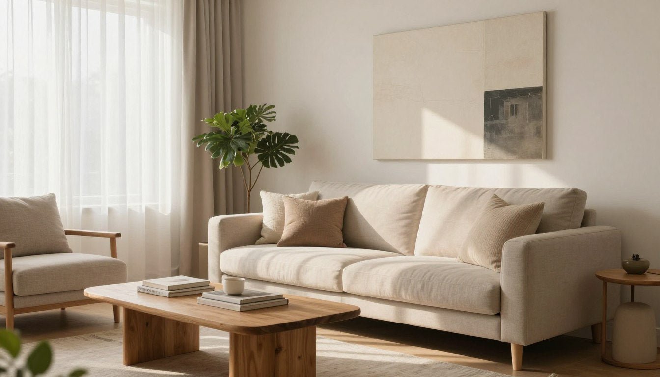 cozy modern living room with simple decor elements including wall art and natural light