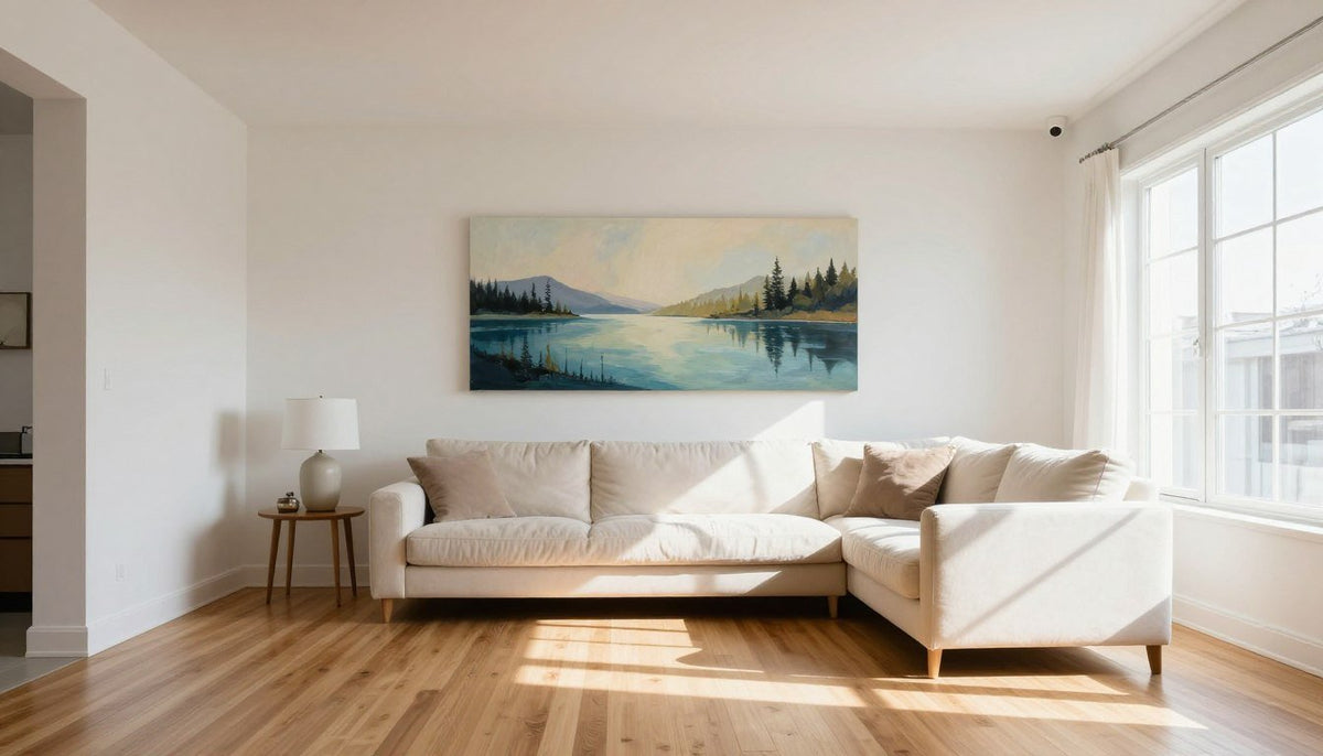 How to decorate a long wall in living room: wide canvas above a low sofa