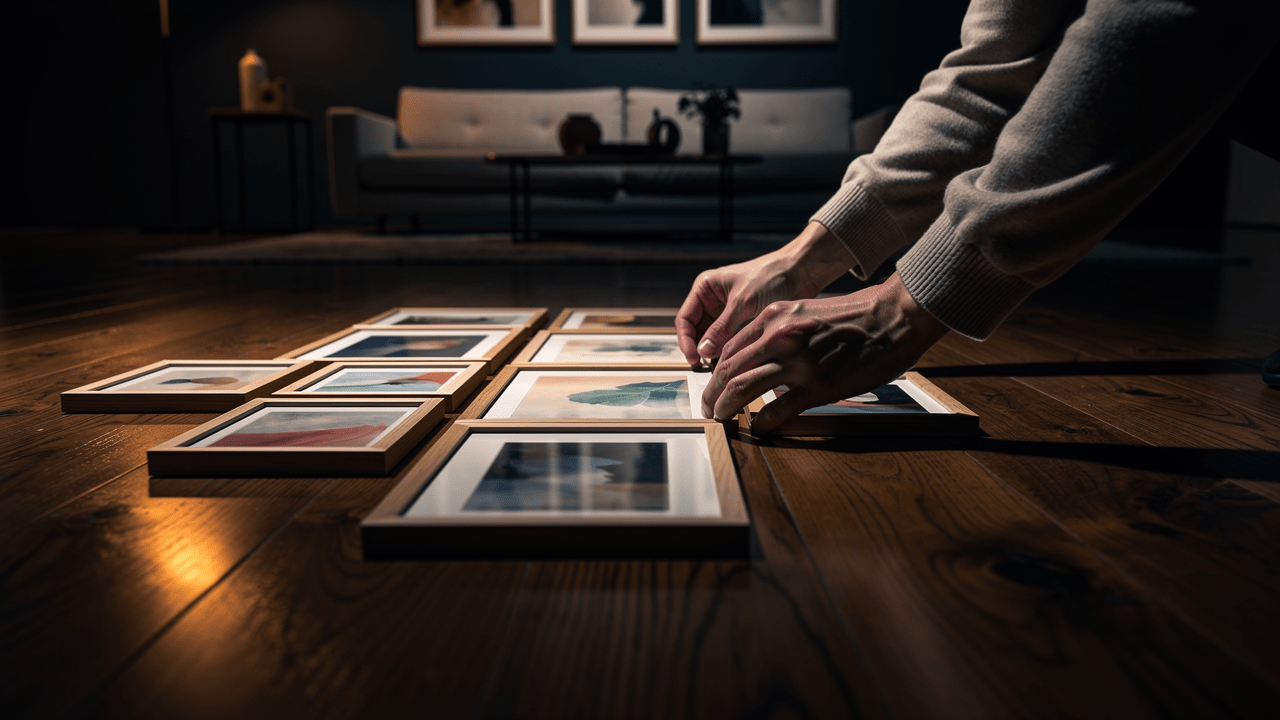 Arranging framed art prints on the floor before hanging a gallery wall — Rossetti Art