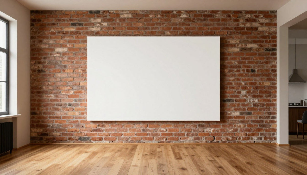 Framed canvas artwork hanging securely on an exposed red brick wall in a living room