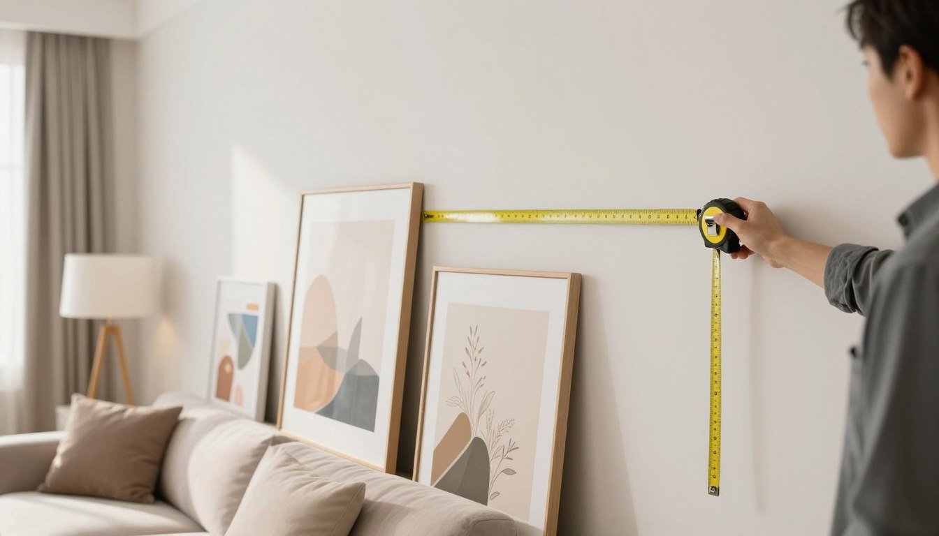 how to hang art on a wall showing proper height measurement and gallery wall arrangement