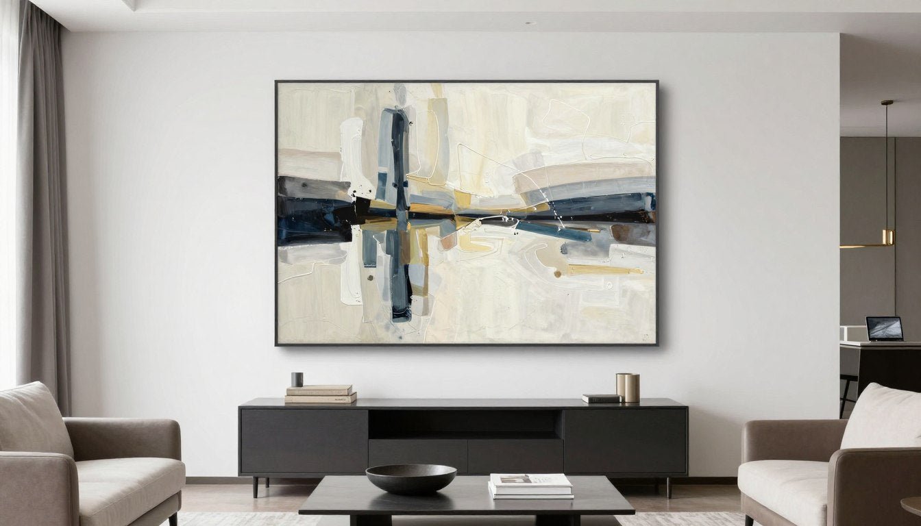 Modern living room with large canvas art hung without wall damage