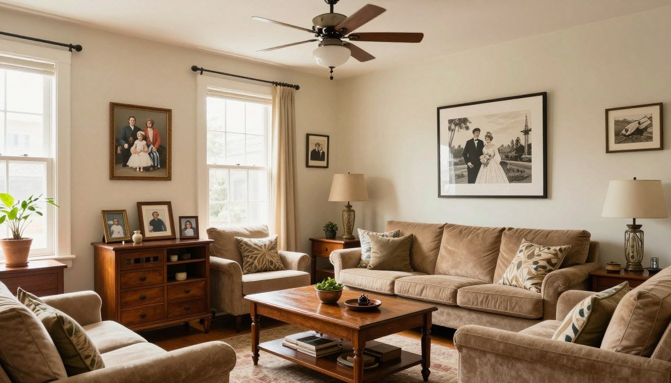 Cozy living room with personal decorative items and updated modern touches showing balance between old and new