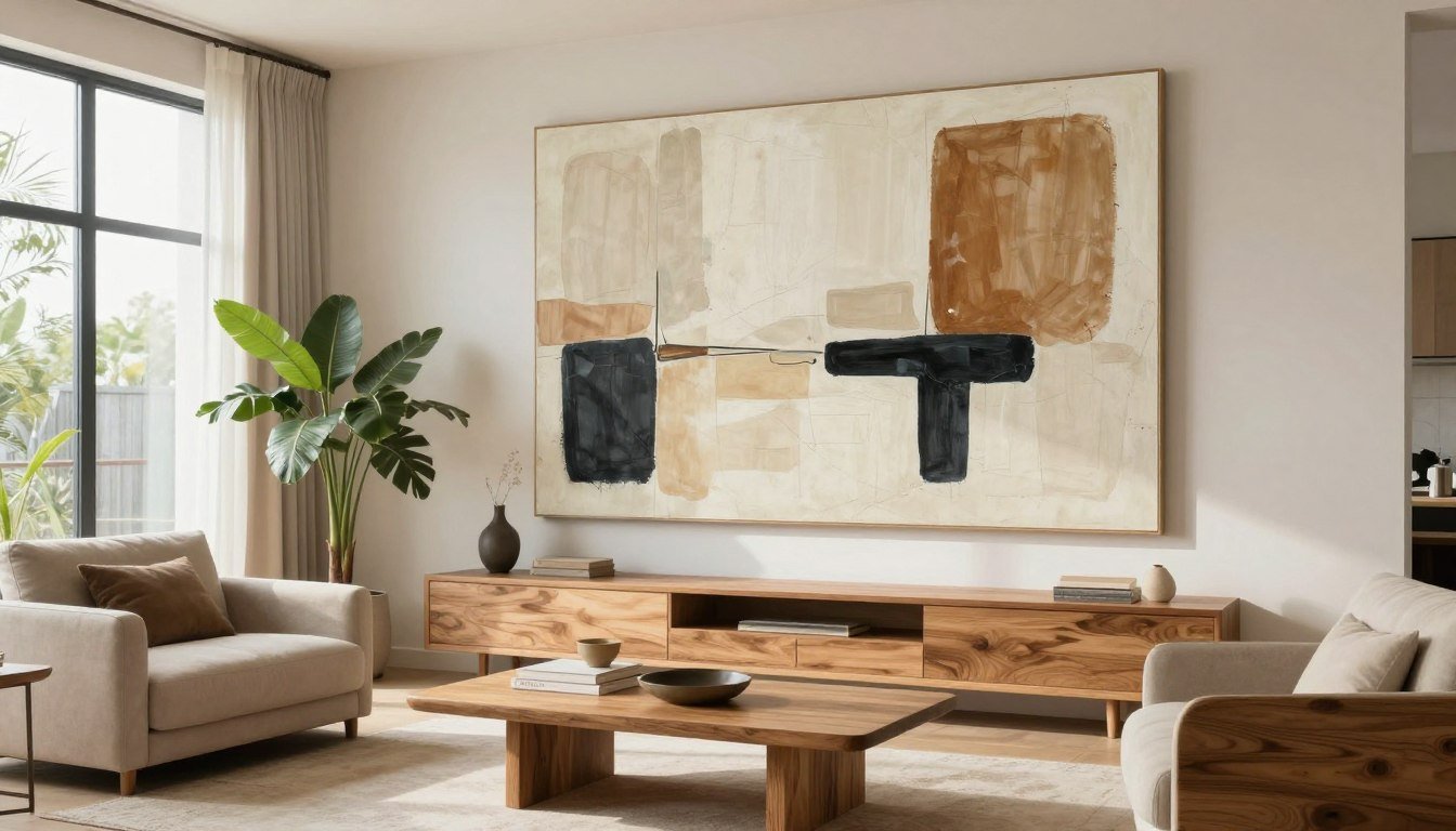 Modern living room showcasing interior design trends with abstract wall art and natural textures