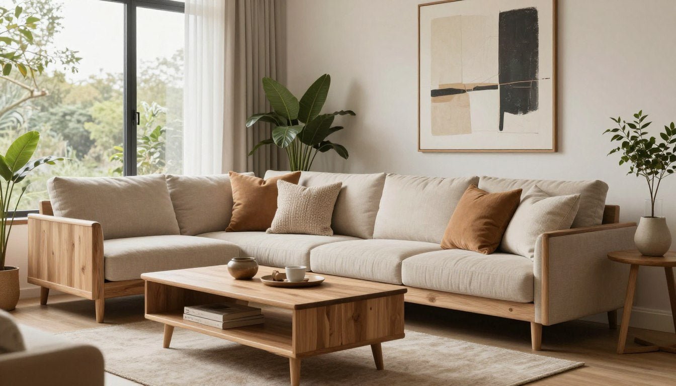 Modern living room showcasing interior design trends with natural materials and warm tones