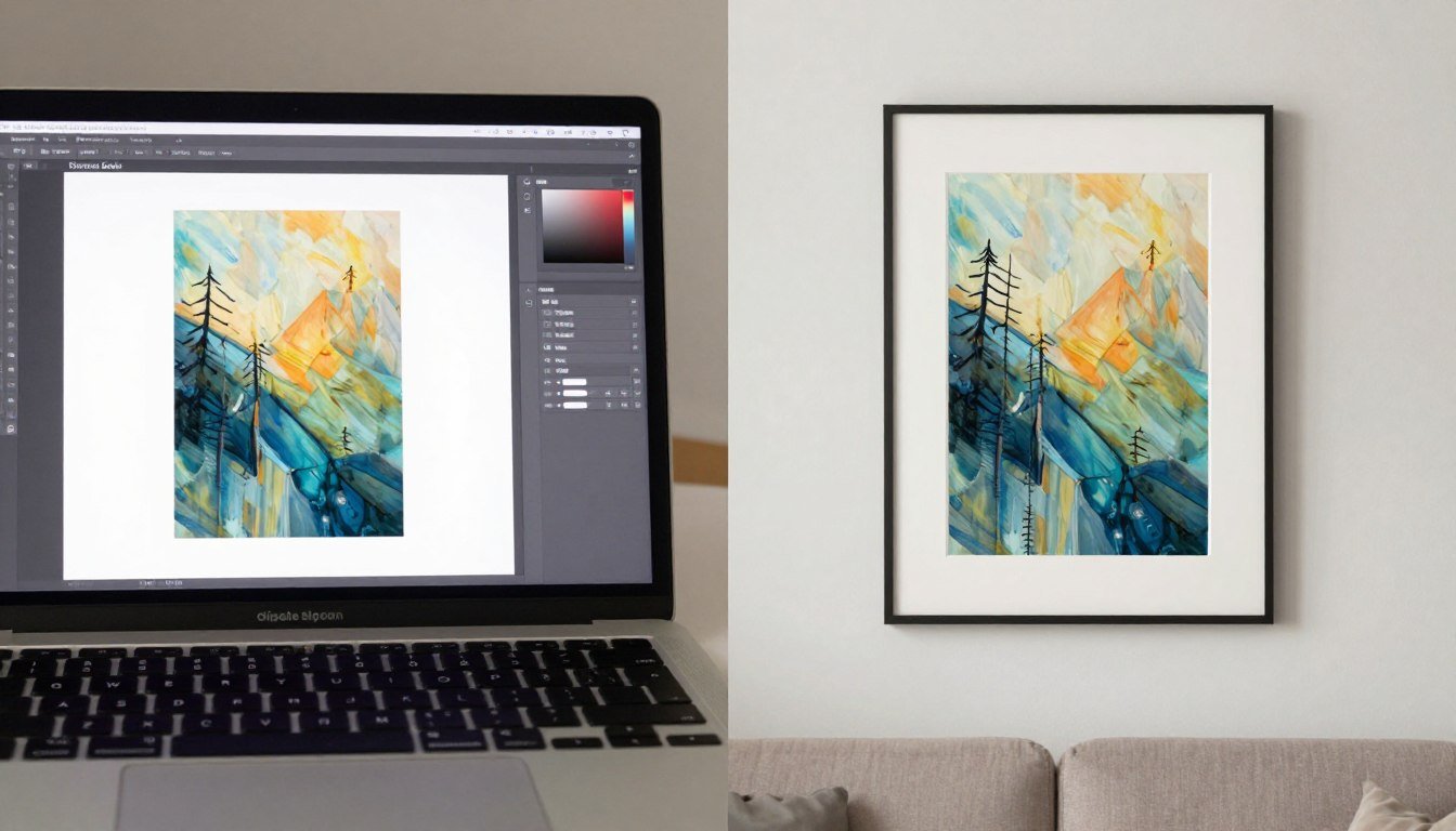 Is printable wall art worth buying comparison showing digital file on screen versus finished framed print on wall