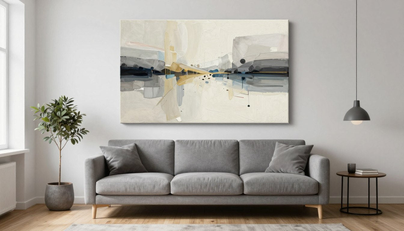 Iso taulu olohuoneeseen, jossa moderni canvas-taulu sohvan yläpuolella skandinaavisessa sisustuksessa