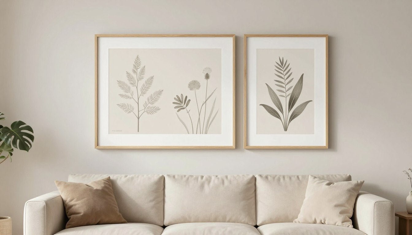 Japandi wall art featuring neutral tones and natural elements in modern living room