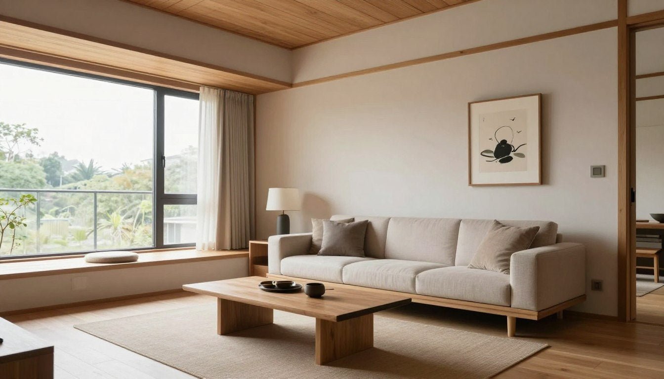 Modern Japanese style living room with minimal furniture, natural materials, and carefully placed wall art