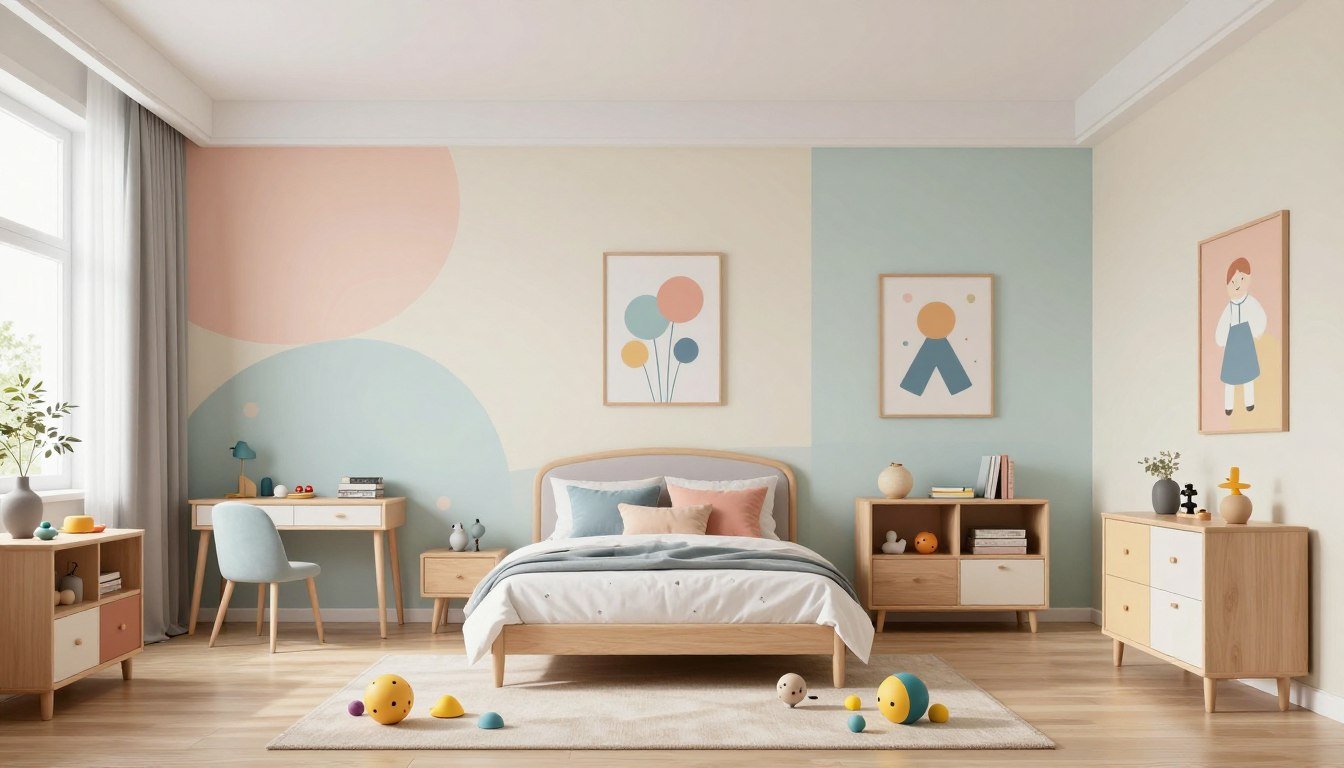 Colorful kid room painting with playful wall art and furniture