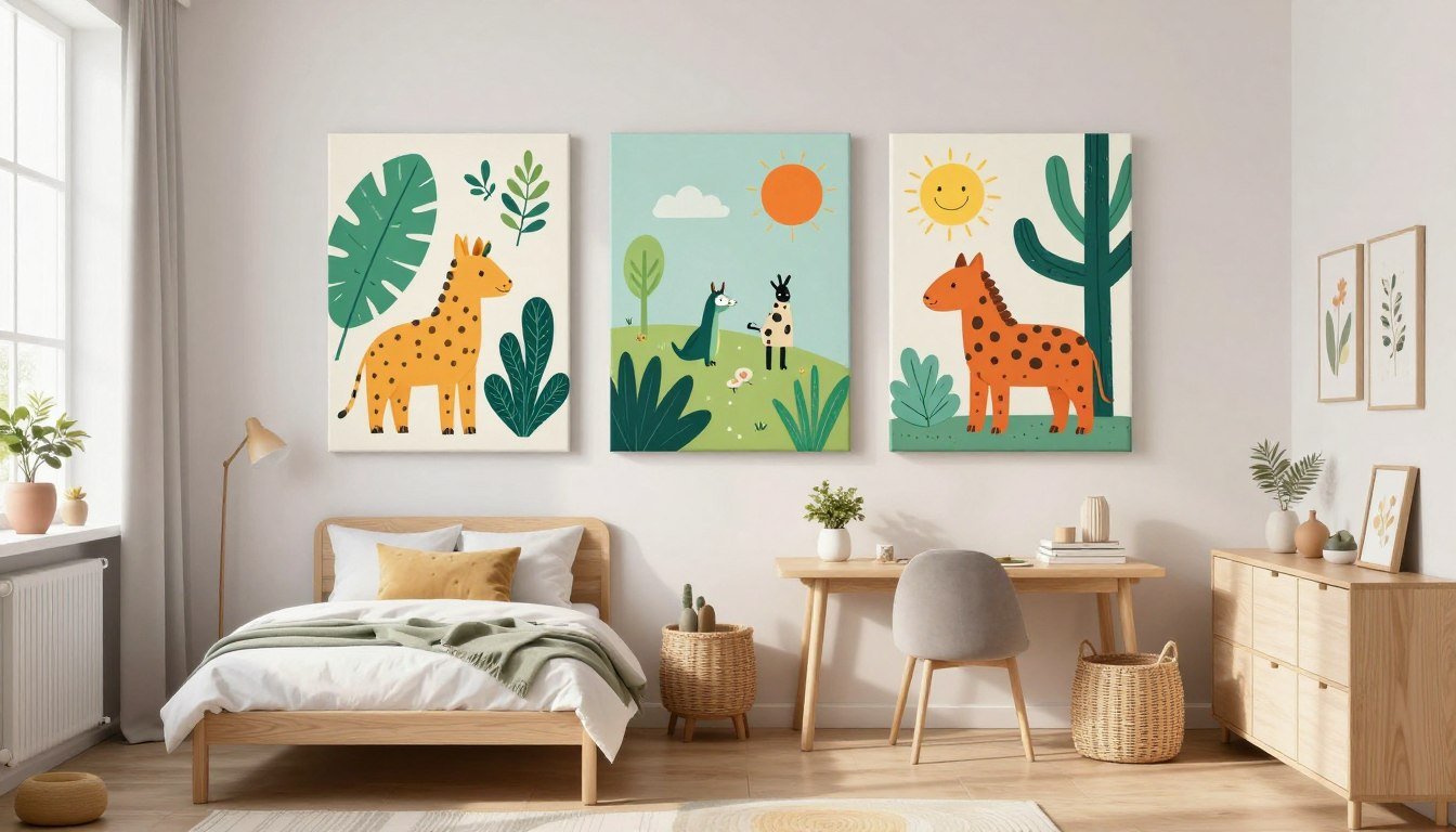 colorful kids room with wall art featuring animals and nature themes