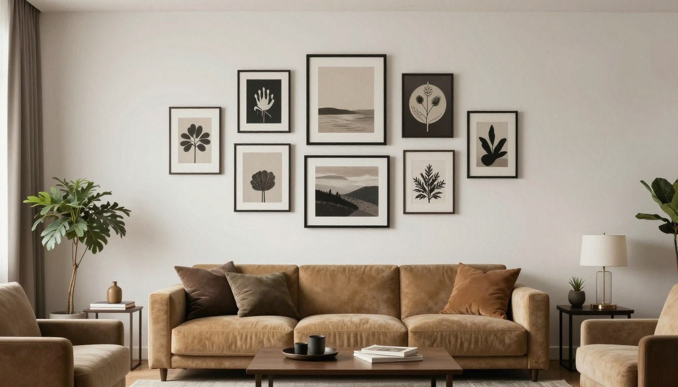 A large living room wall with an elegant gallery wall arrangement featuring various sized frames