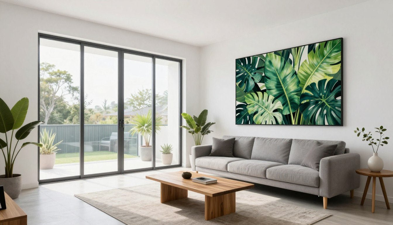 Large botanical wall art featuring green leaves in modern living room
