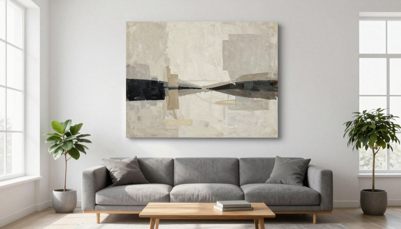 large canvas wall art above modern sofa in minimalist living room