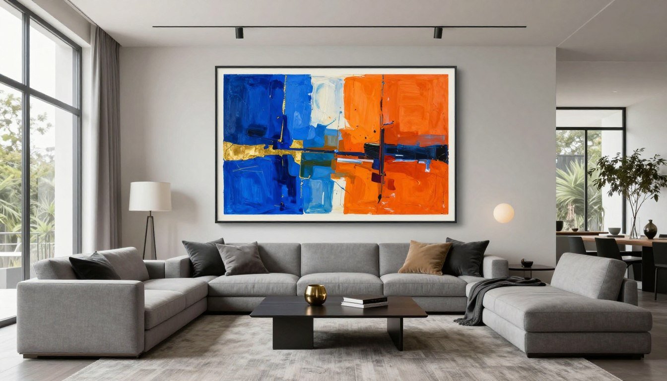 Large original abstract painting in modern living room with neutral furniture