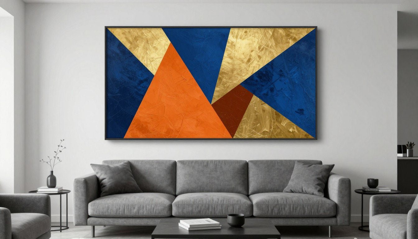 large unusual wall art featuring abstract geometric shapes in a modern living room