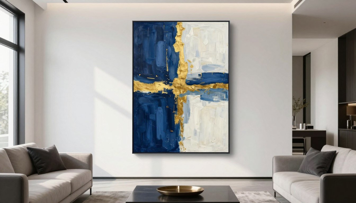 Large vertical wall art in modern living room with tall canvas creating dramatic focal point