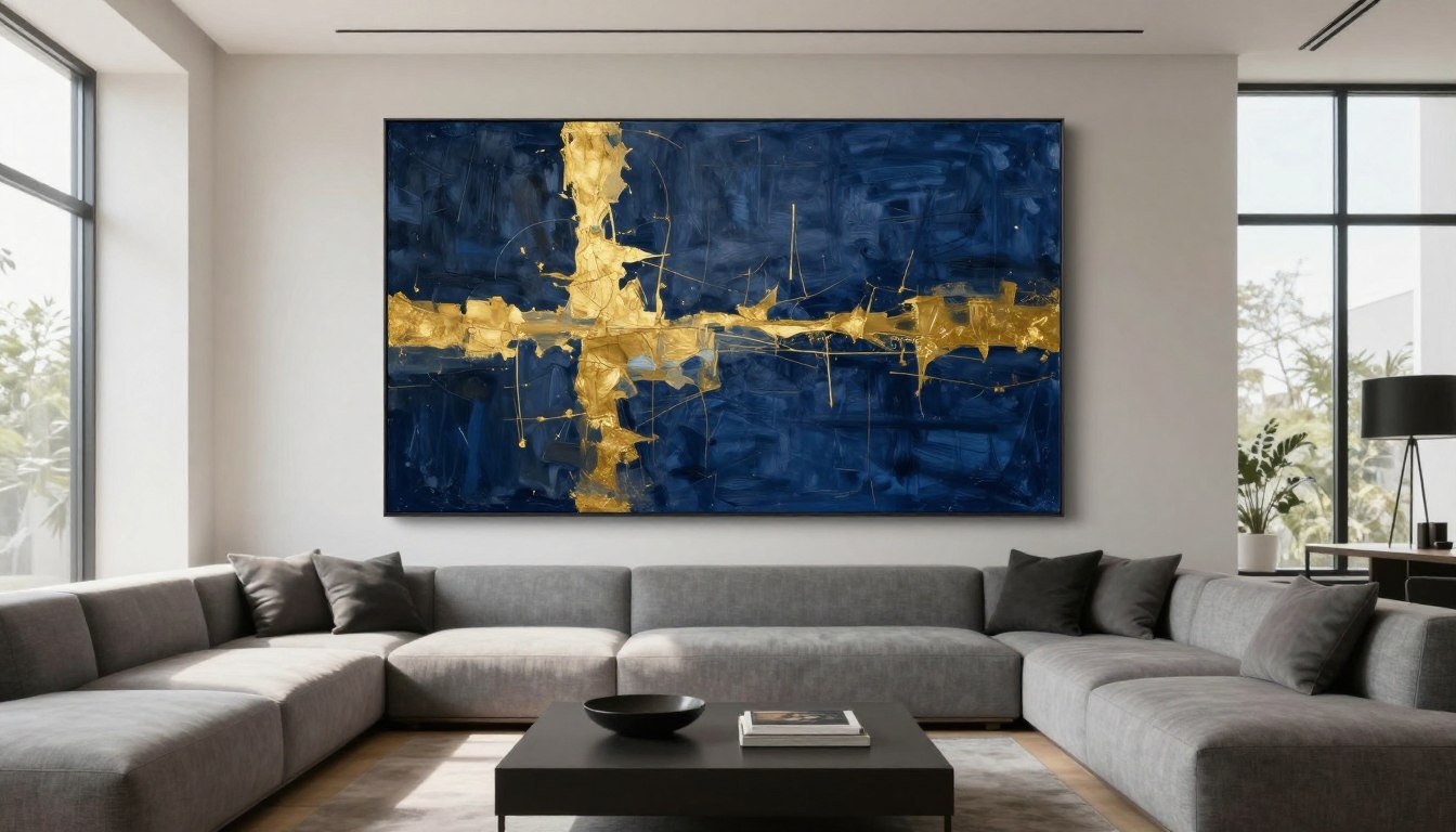 modern living room with large abstract wall art above grey sectional sofa