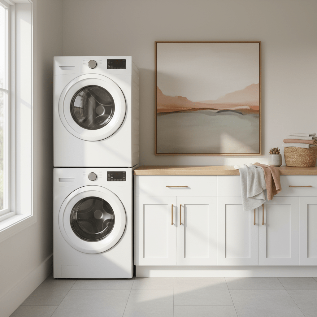 Canvas print of a soft abstract painting hanging above a washer and dryer in a bright modern laundry room