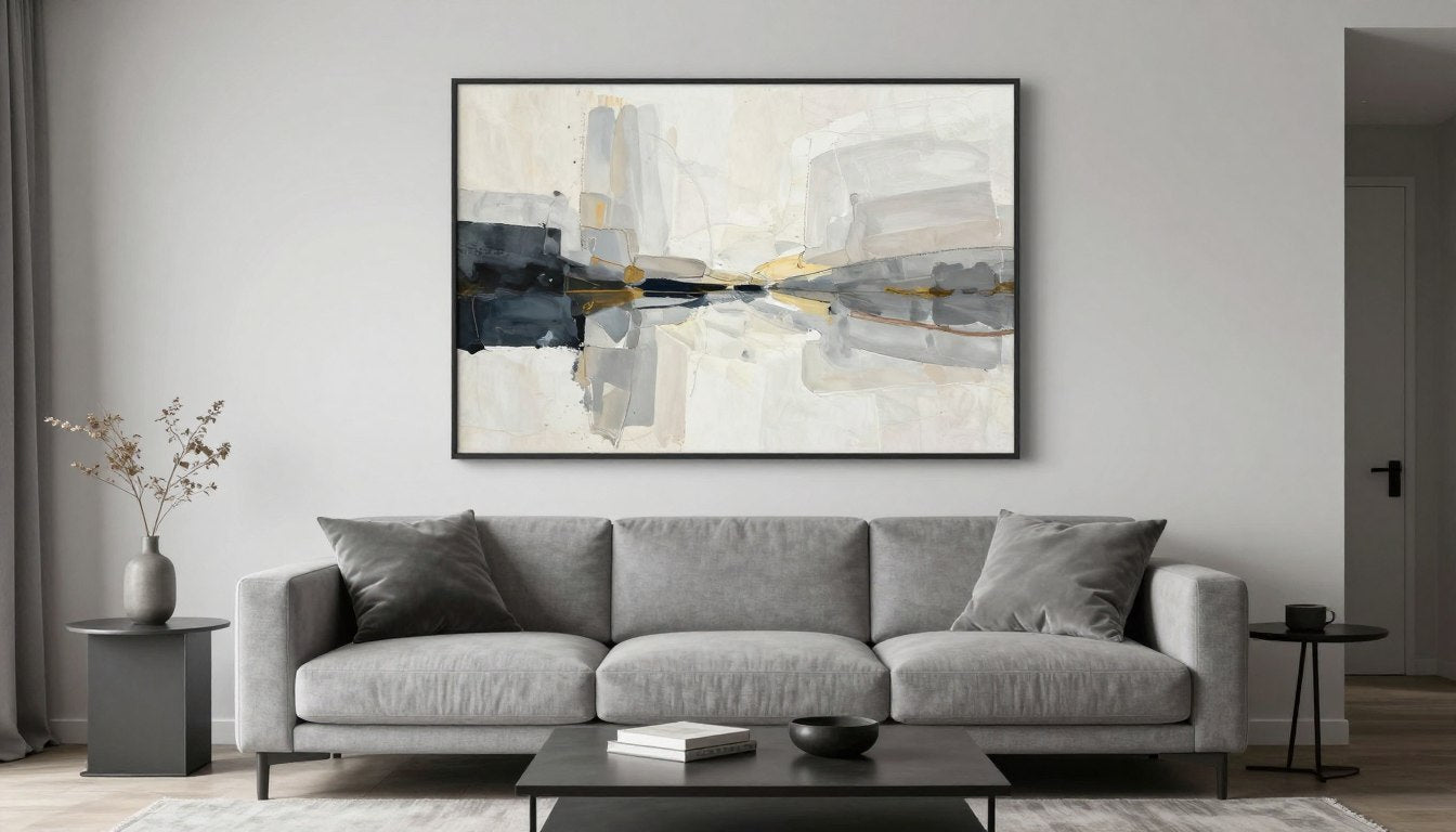 Großes abstraktes Leinwandbild in modernem Wohnzimmer über grauem Sofa
