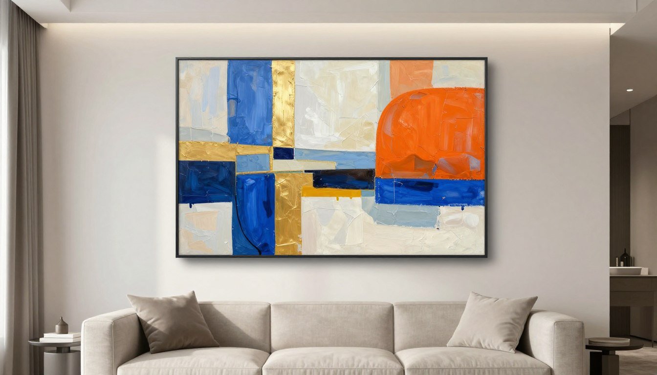 Abstraktes Leinwandbild mit lebendigen Farben in modernem Wohnzimmer