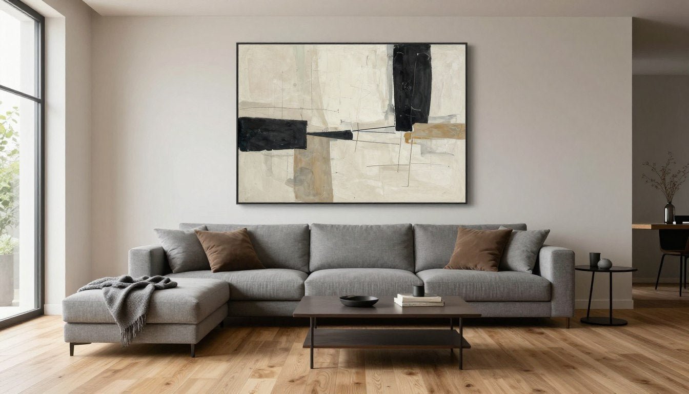 Modernes Wohnzimmer in der Schweiz mit grossformatigem abstraktem Leinwandbild über dem Sofa