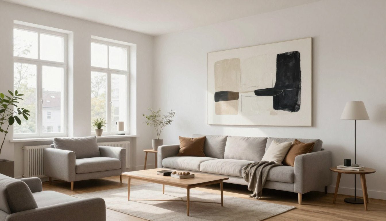 Modernes Wohnzimmer mit Leinwandbildern an der Wand in Schweizer Apartment
