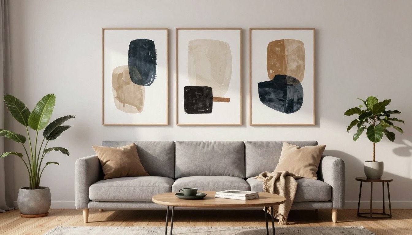 Modernes Wohnzimmer mit großformatigen Leinwandbildern über dem Sofa