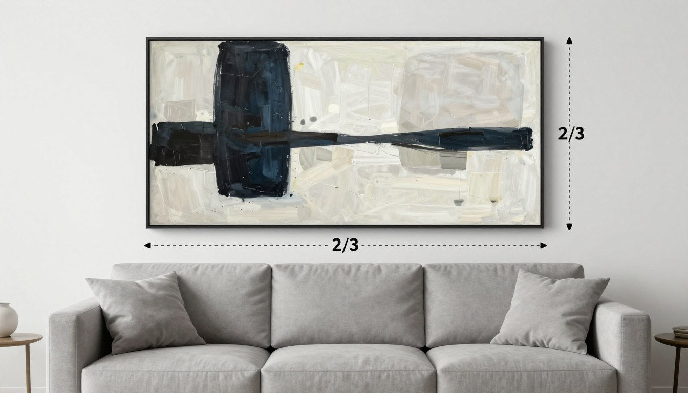Living room with wall art above sofa demonstrating the 2/3 rule with measurements indicated
