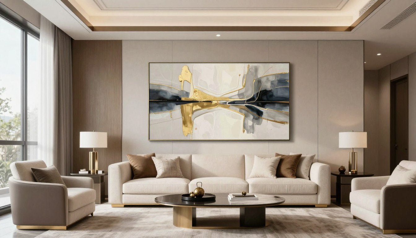 Luxury canvas wall art displayed in an elegant modern living room with soft natural lighting