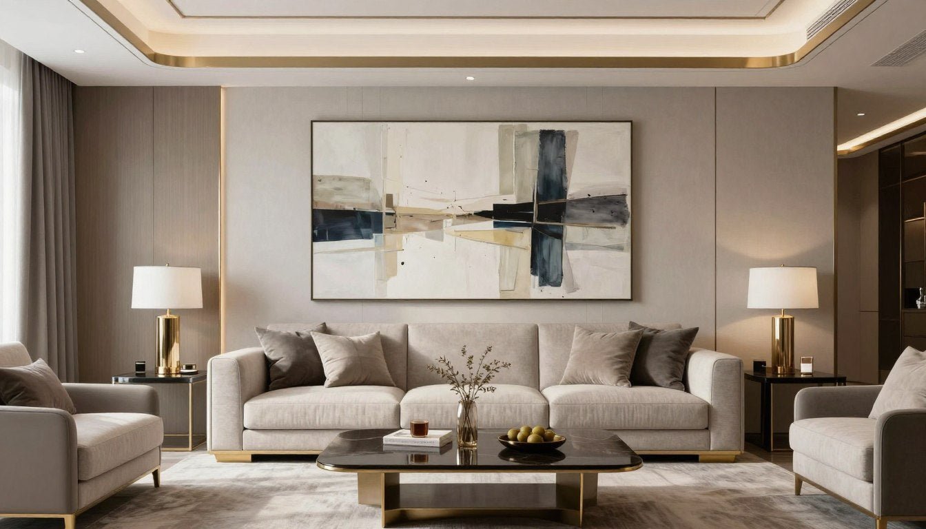 lyxiga tavlor i modernt vardagsrum med elegant inredning
