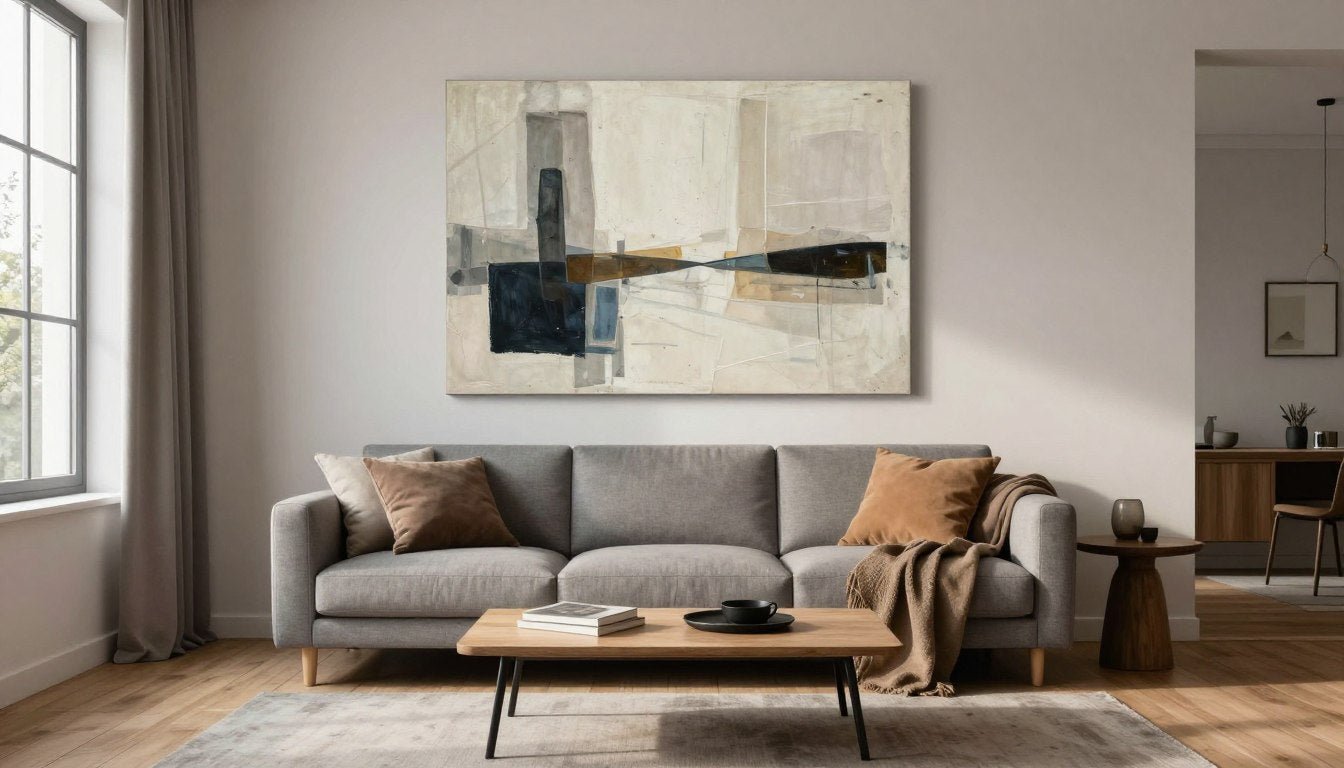 Moderne stue med abstrakt maleri over sofa i neutrale farvetoner