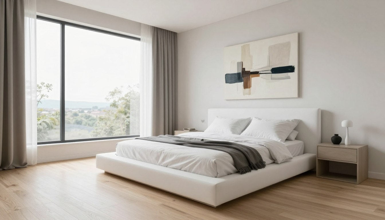 modern bedroom decor with online furniture featuring minimalist bed frame and abstract wall art