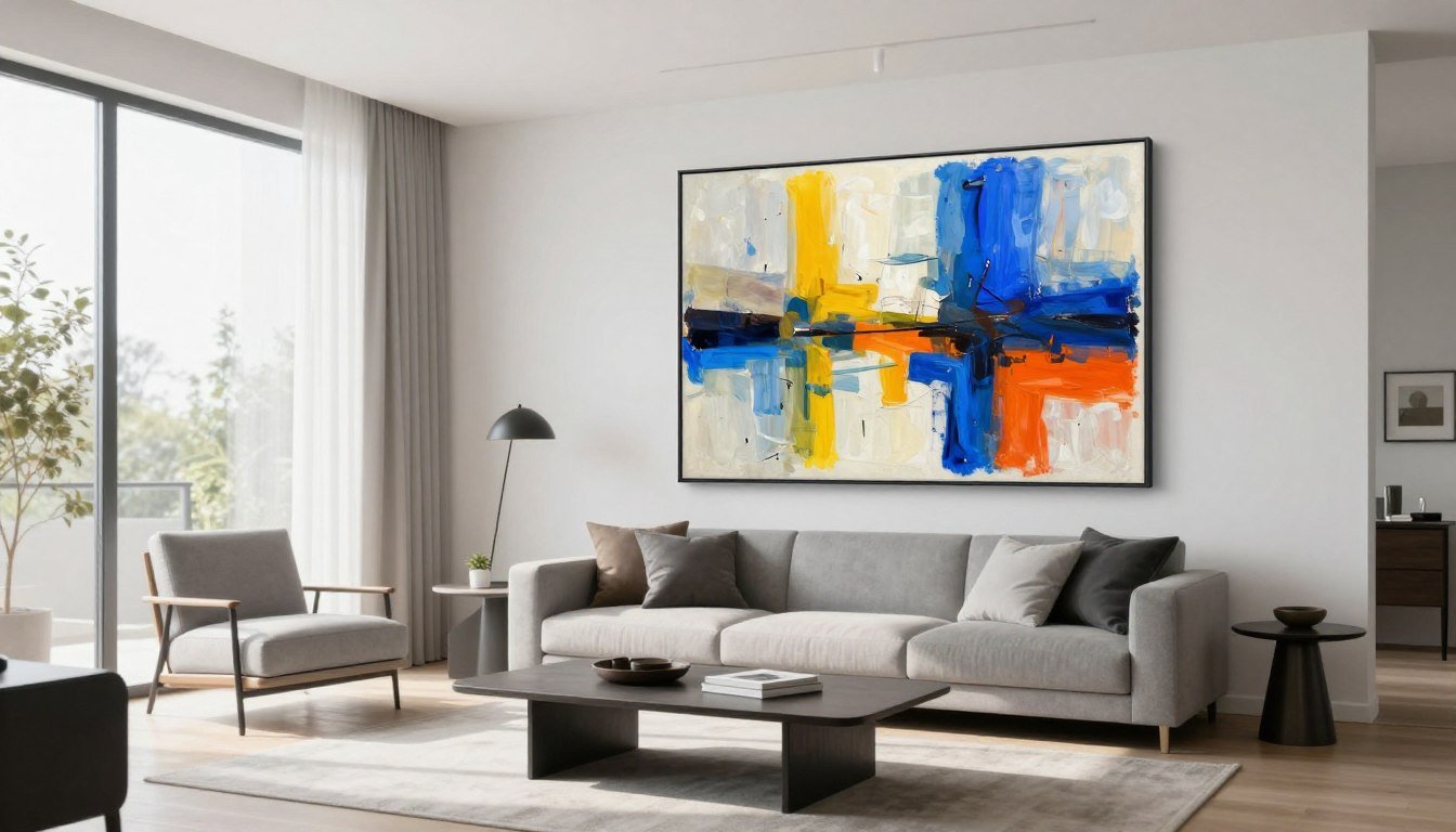 modern colorful abstract wall art in contemporary living room with white walls