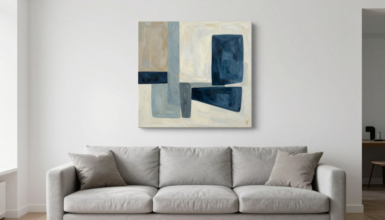 Modern living room featuring properly sized abstract wall art above a sofa demonstrating the 2/3 rule