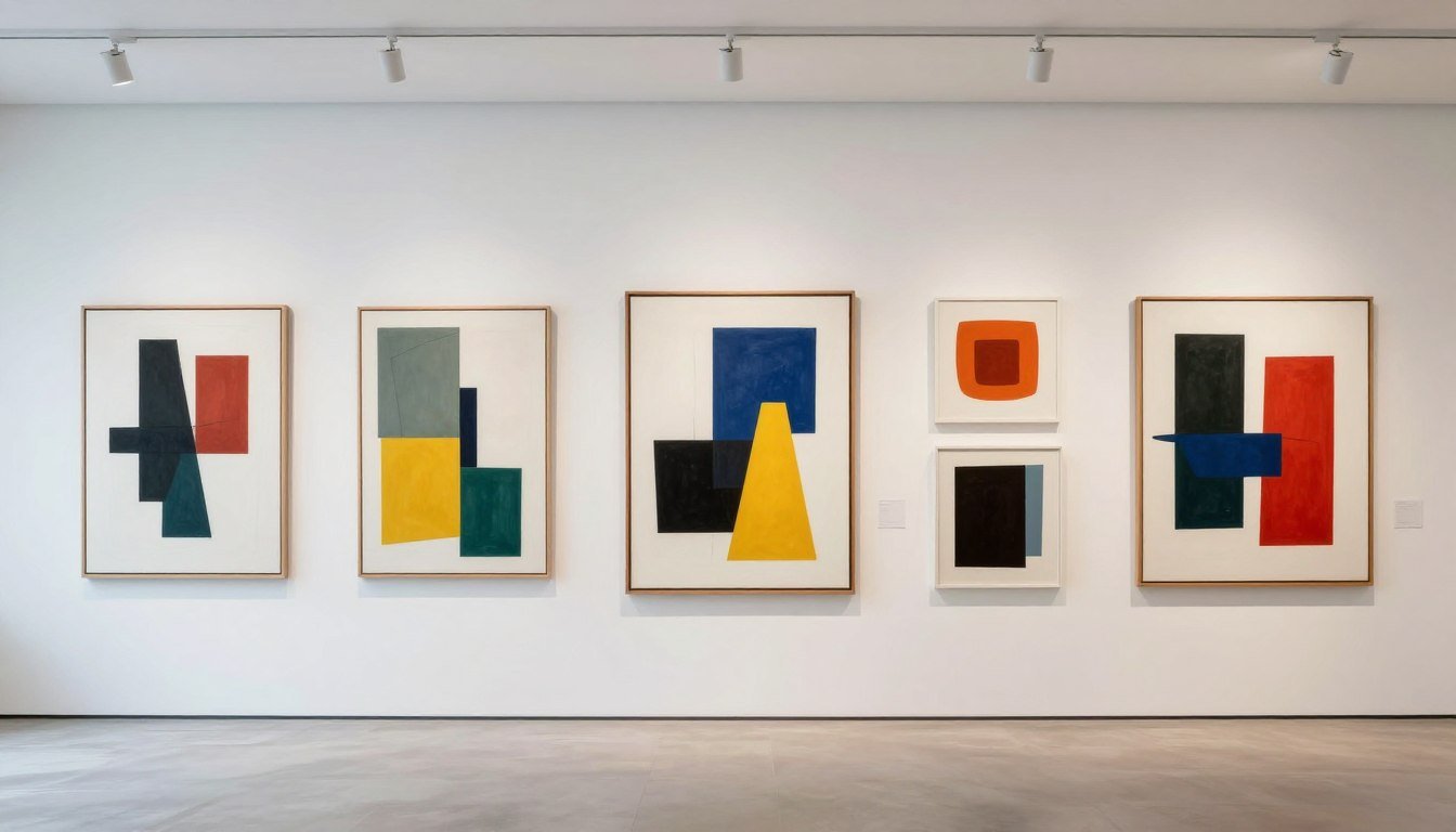 Abstract modernist art gallery wall with geometric paintings