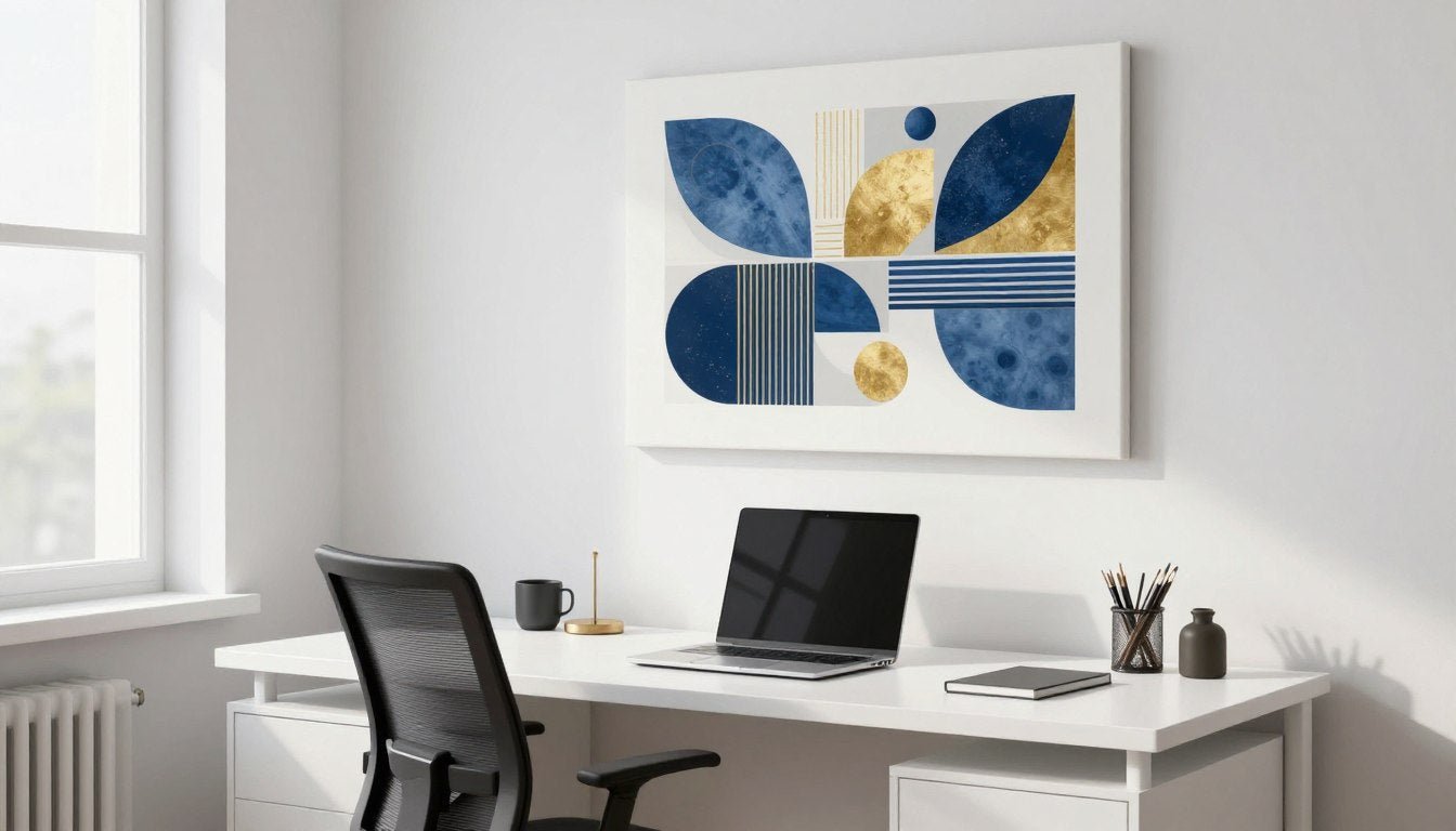 Modern office workspace with motivational wall art above desk