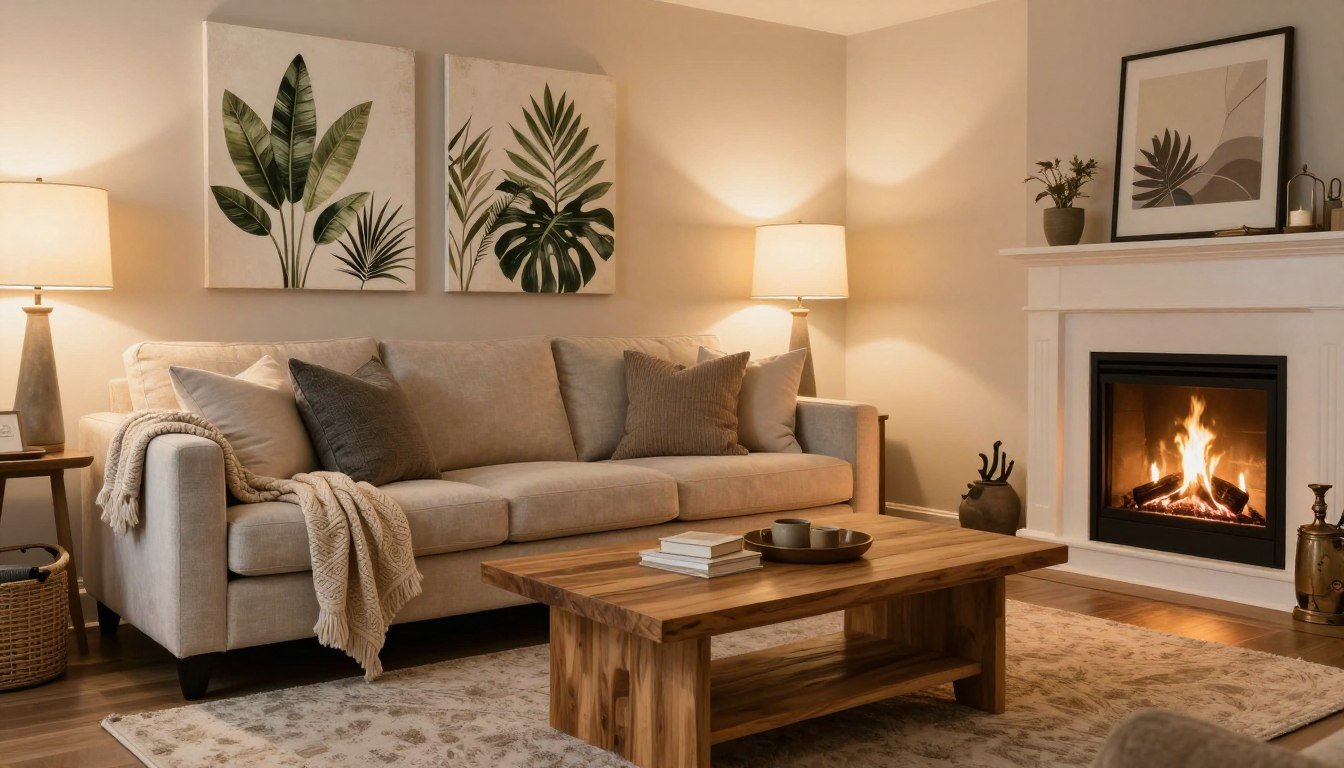 cozy living room decor with warm lighting and comfortable furniture