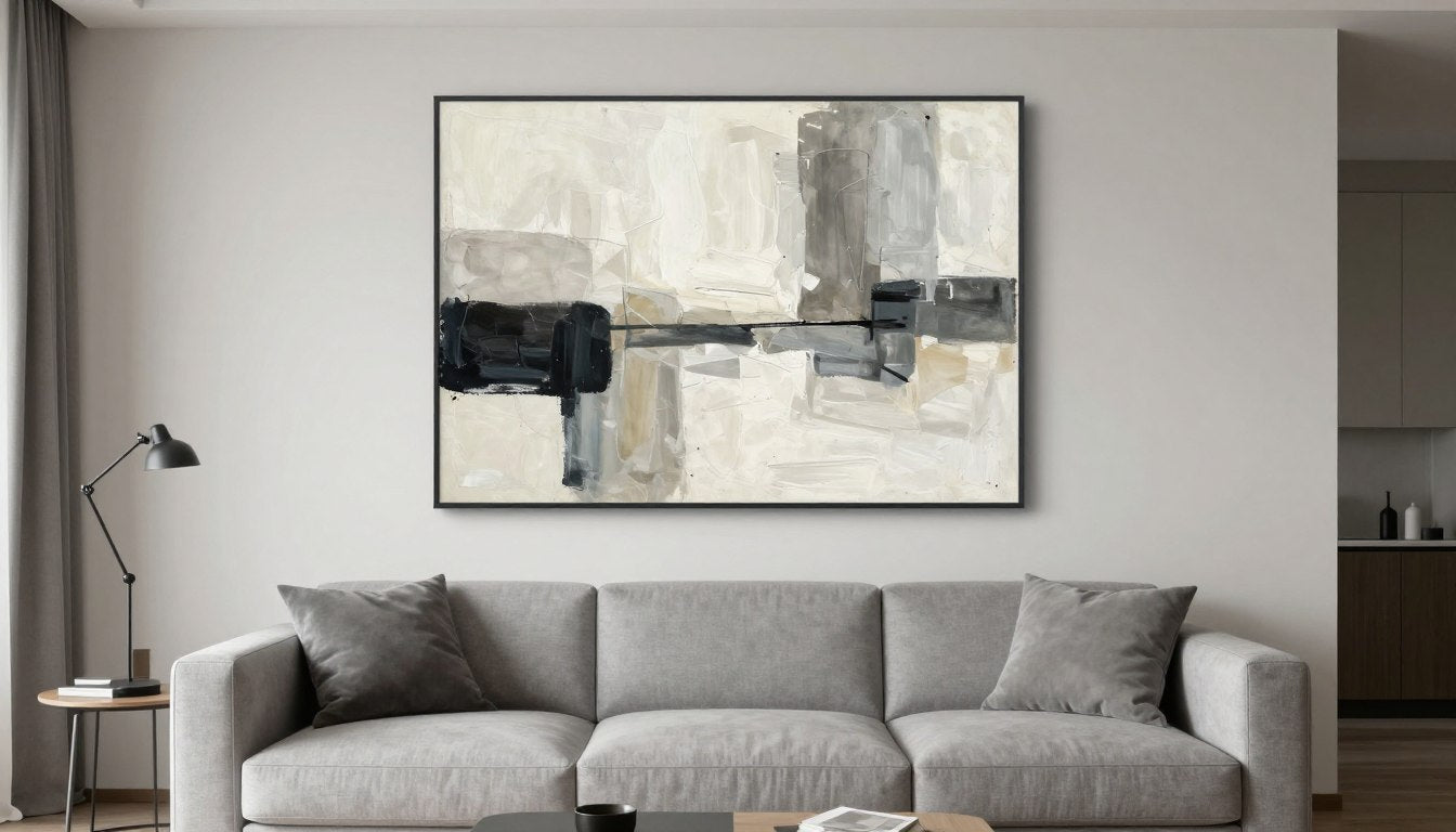 moderne muurdecoratie woonkamer met abstract canvas kunst boven grijze bank