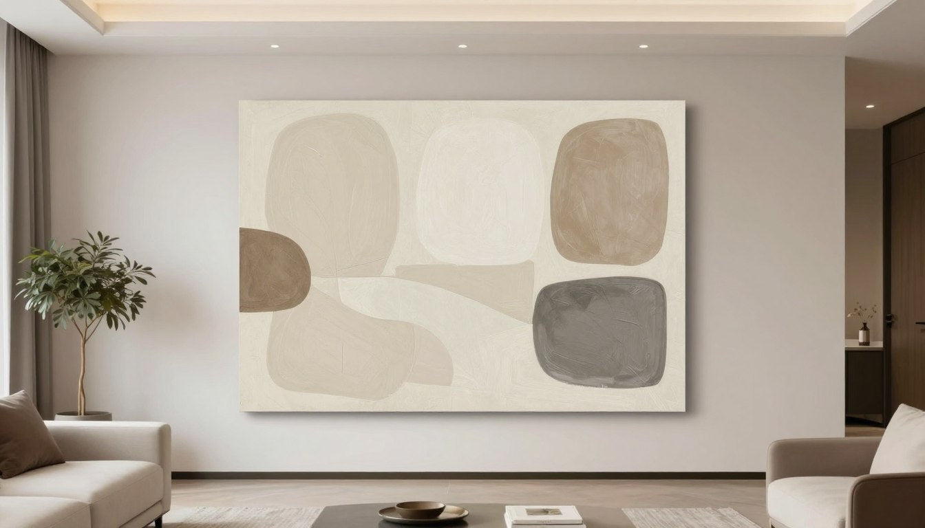 Neutral abstract canvas prints displayed in modern living room with beige and cream tones