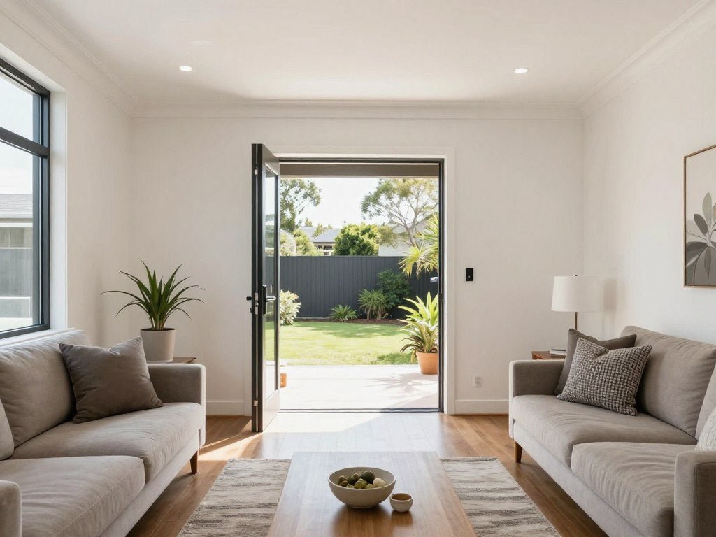 Living room with no defined entryway, showing front door opening directly into seating area