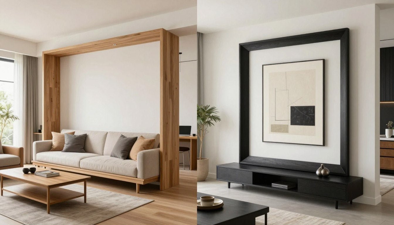 Oak vs Black Floater Frames for Contemporary Interiors comparison in modern living room