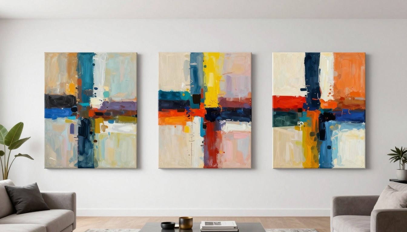 Modern canvas prints displayed on living room wall showing vibrant colors and sharp detail