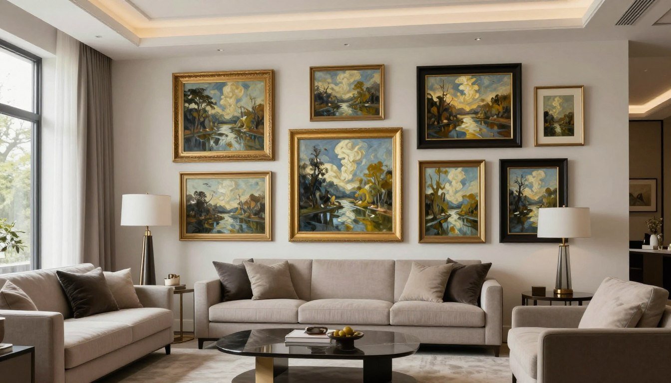 original oil paintings displayed in elegant living room gallery wall