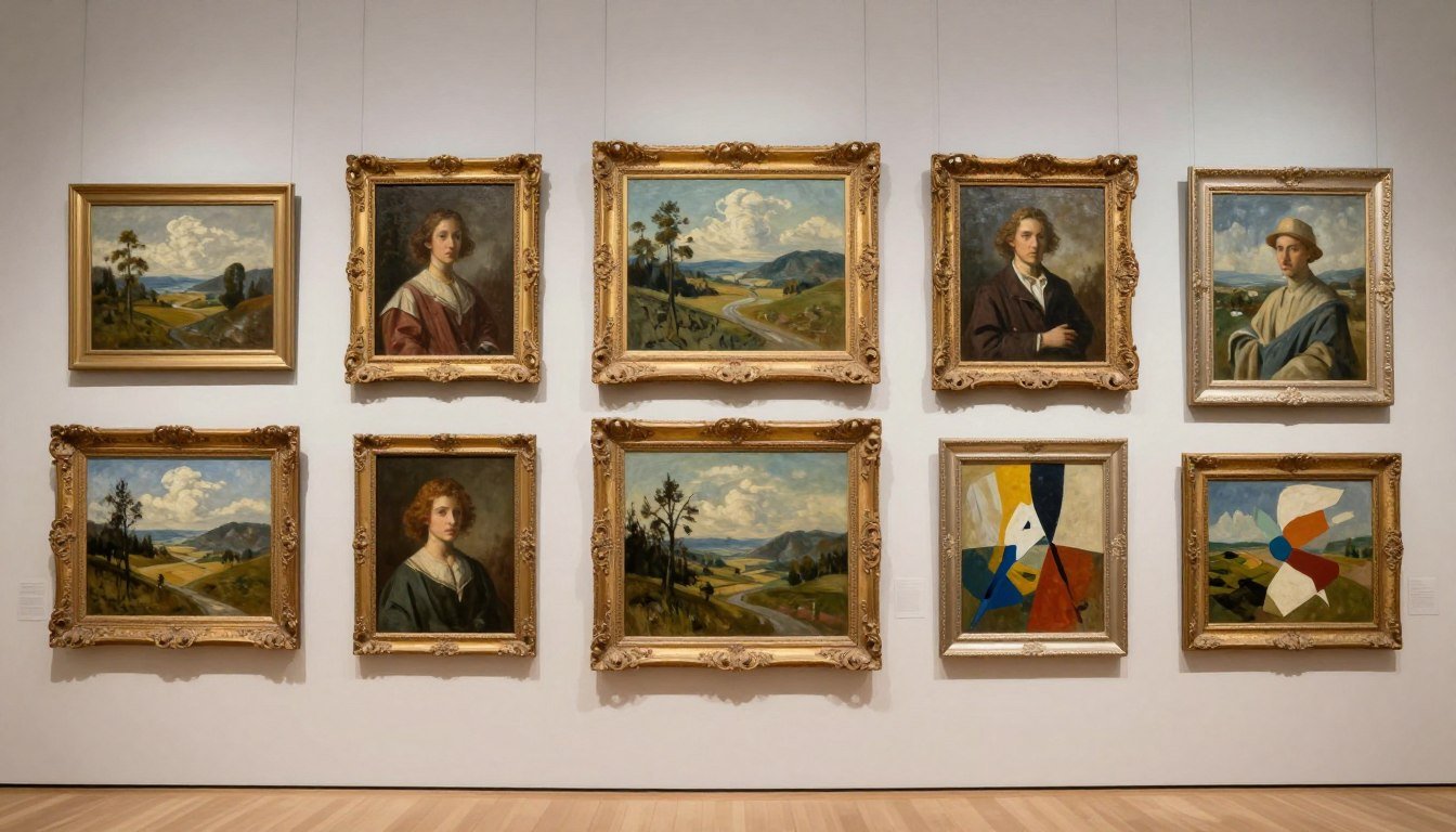 Gallery wall displaying original oil paintings in various styles and sizes