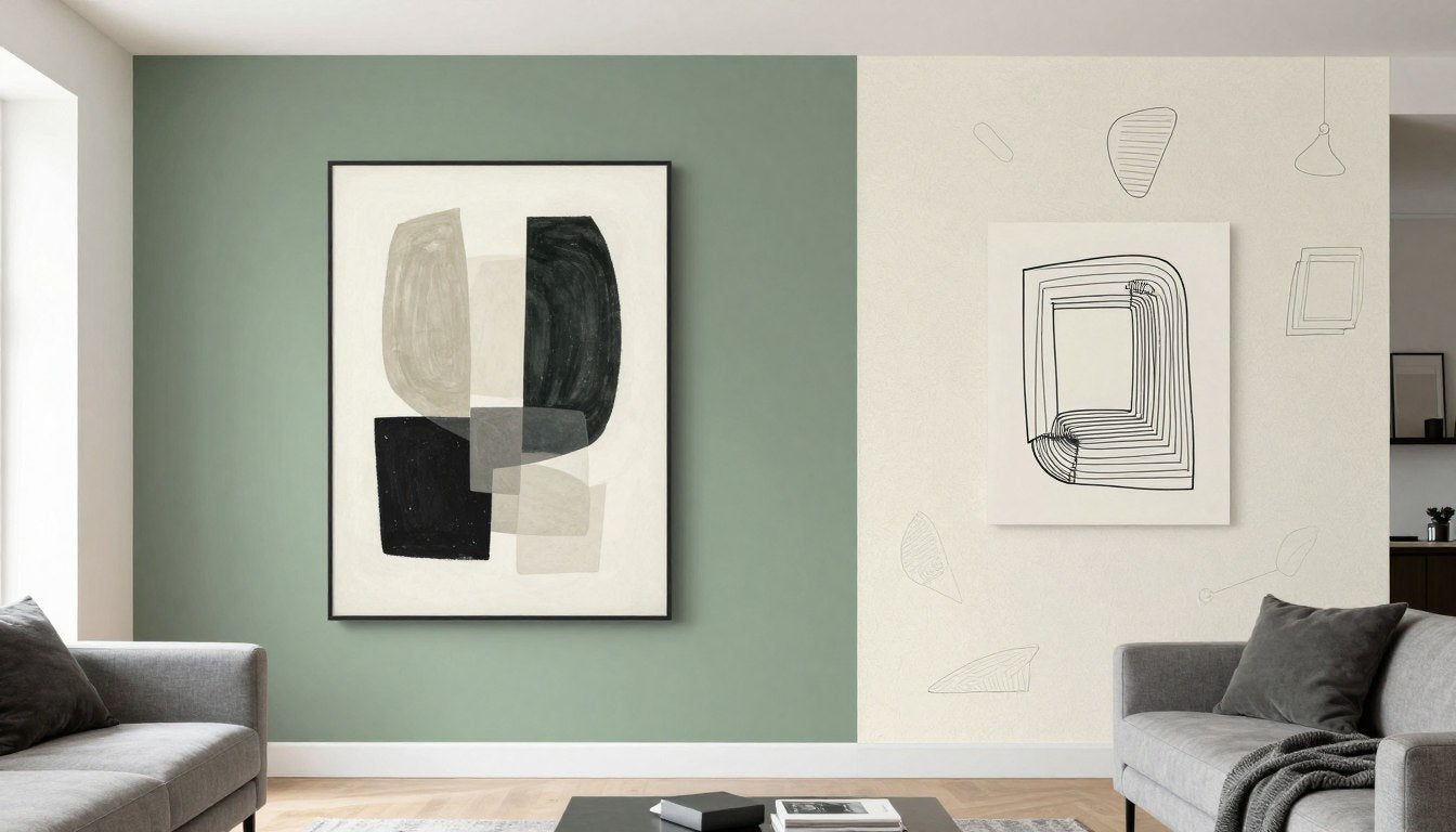 Modern living room showcasing abstract canvas art on painted accent wall next to wallpapered section