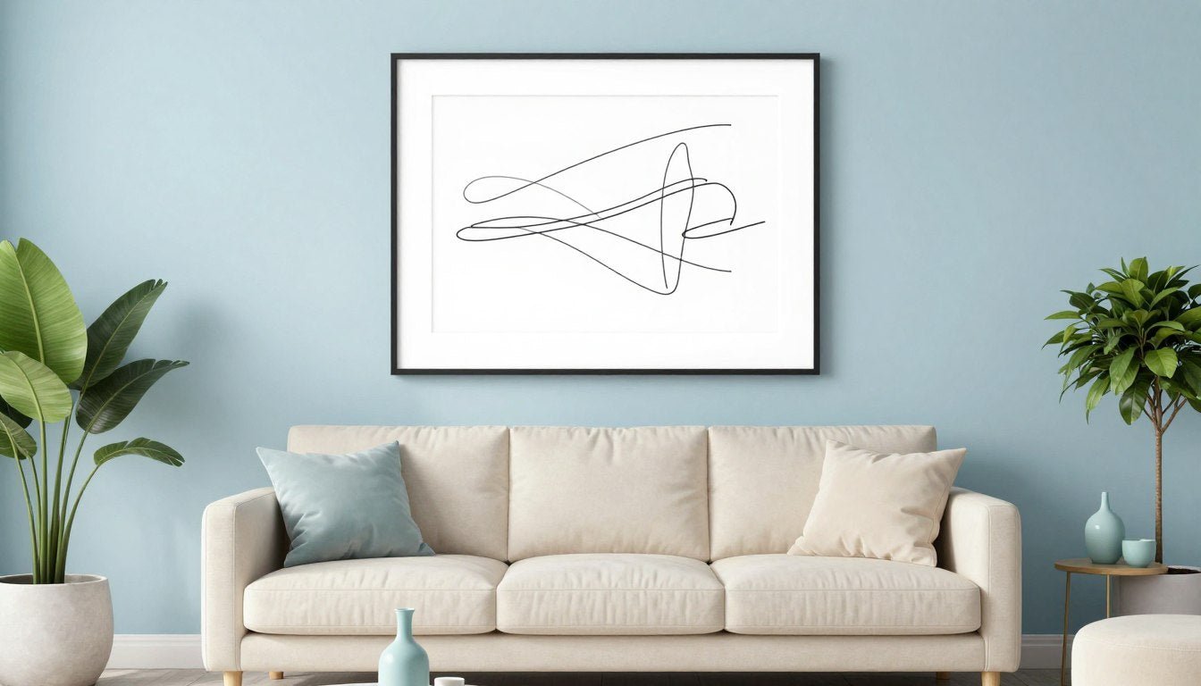 Living room with pastel blue walls and complementary minimal wall art above a cream sofa