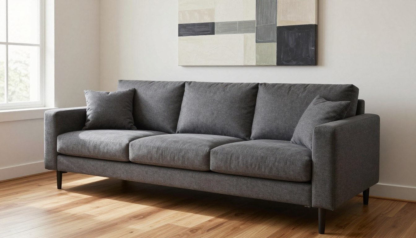 Performance fabric sofa in charcoal gray with modern canvas art above it in a bright living room