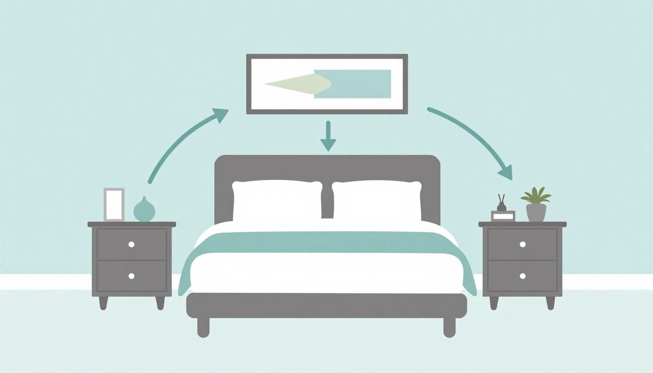 Diagram showing positive energy flow in a feng shui bedroom with arrows indicating qi movement around furniture